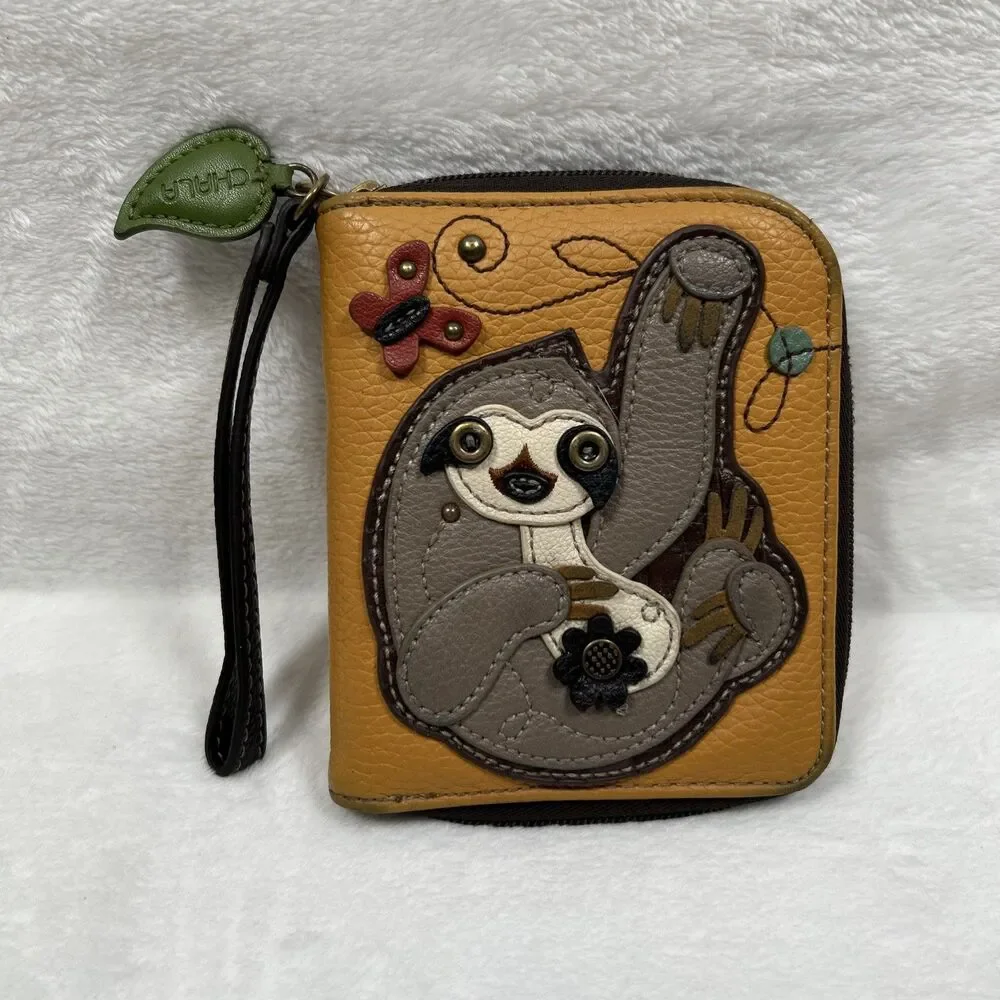 Chala Yellow Leather Zip-Around Wristlet with Sloth Applique